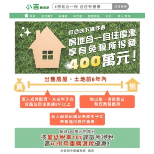房地合一自住優惠享有免稅所得額400萬