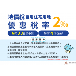地價稅優惠申請倒數！竹市稅務局提醒9/22最後申請期限